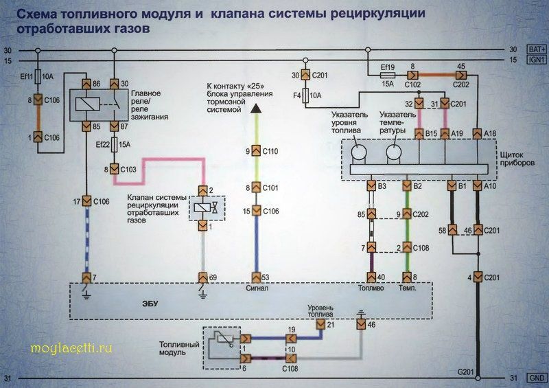 Схема топливного модуля и клапана системы рециркуляции отработавших газов Лачетти