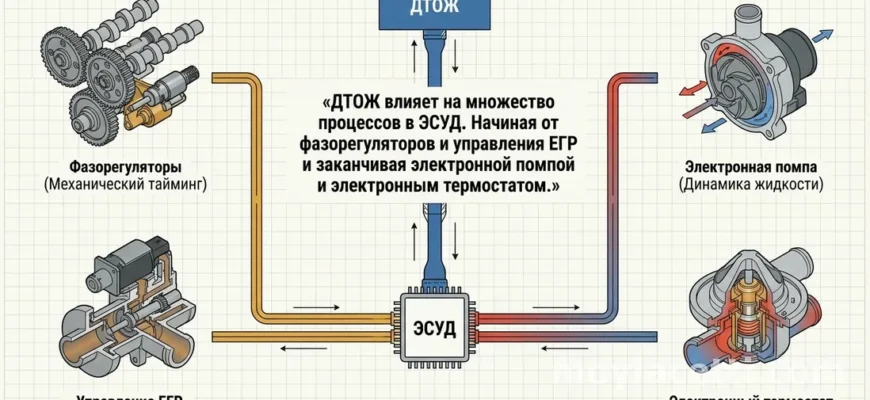 Схема влияния ДТОЖ в ЭСУД на работу фазорегуляторов, EGR, электронной помпы и термостата